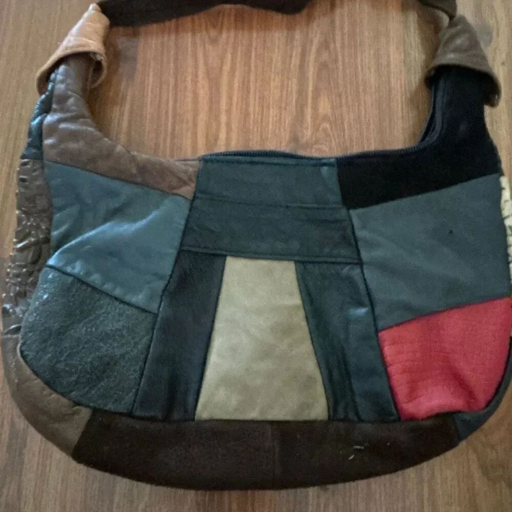 Vintage 70s 80s patchwork leather hobo purse brown leopard